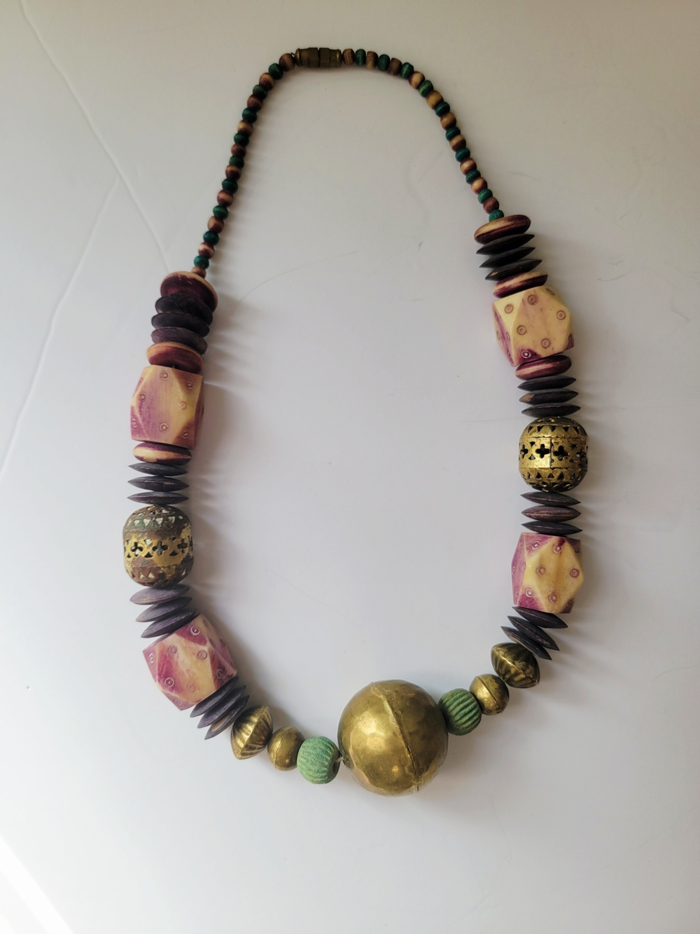 Vintage Tribal Statement Necklace Brass Bone Style Beaded Boho Artisan Necklace